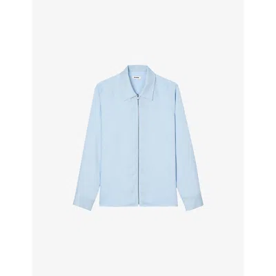 Sandro Mens Long-sleeved Zip-up Woven Shirt Bleus