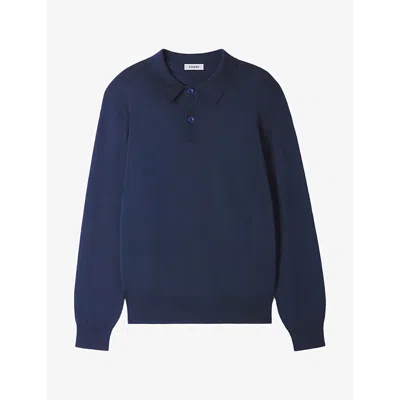 Sandro Mens  Long-sleeved Knitted Polo Shirt In Navy Blue