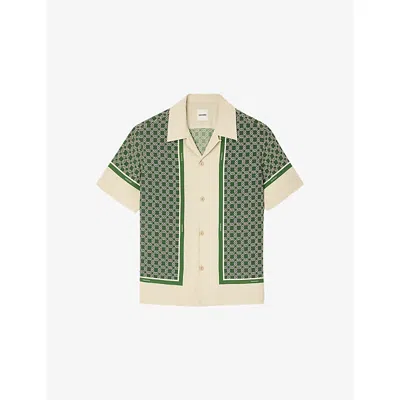 Sandro Mens Verts Panelled Graphic-print Woven Shirt