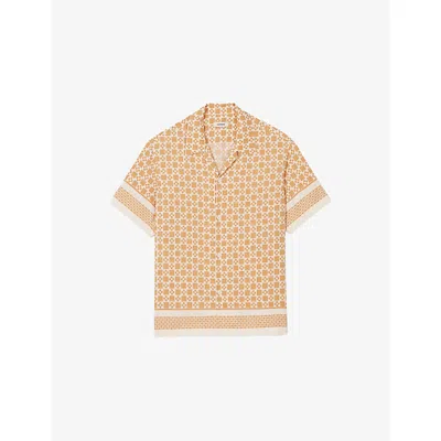 SANDRO MENS JAUNES / ORANGES SQUARE CROSS-PRINT SHORT-SLEEVE SATIN SHIRT