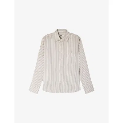 Sandro Mens Ecru / Gris Striped Relaxed-fit Lyocell Shirt In Gray