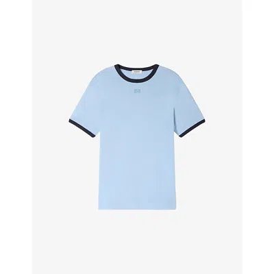 Sandro Mens  Branded Contrast-trim Cotton-jersey T-shirt In Blue