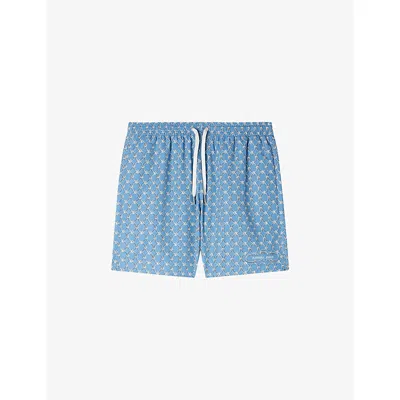 Sandro Mens  Drawstring Chain-print Woven Swim Shorts In Blue