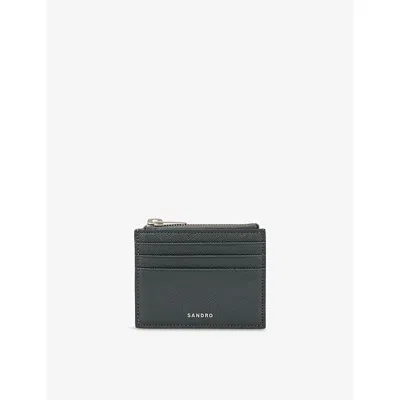 Sandro Mens Steel Logo-embossed Zipped Leather Card Holder In Gray