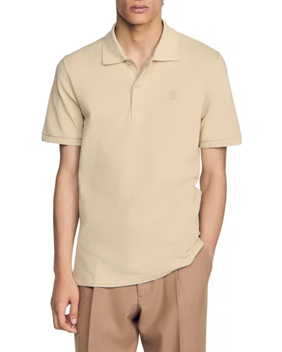 Sandro Mesh Cotton Polo Shirt With Leather Logo Patch In Neutral