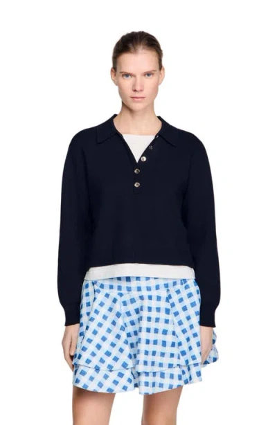 Sandro Metal Button Layered Collar Sweater In Blue