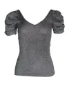 Sandro Metallic Puffed-sleeved Stretch-knit Top In Silver Polyester In Silver