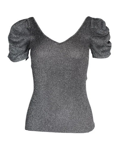 Sandro Metallic Puffed-sleeved Stretch-knit Top In Silver Polyester