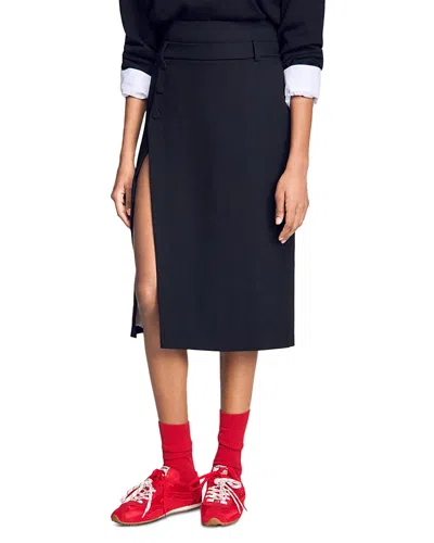 Sandro Mid Length Slit Wool Skirt In Black