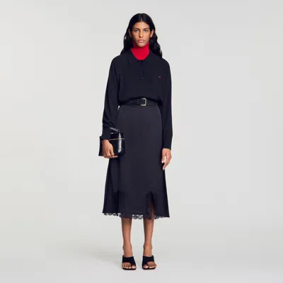 Sandro Midi Mixed-material Lace Skirt In Black