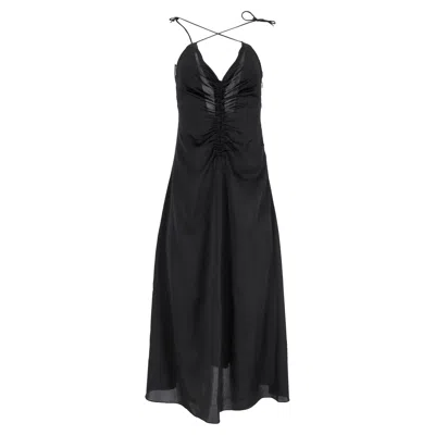 SANDRO MIDI RUCHED SPAGHETTI STRAP DRESS IN BLACK POLYESTER