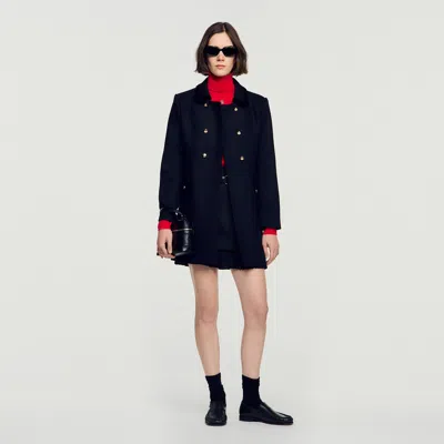 Sandro Mid-length Coat With Velvet Collar In Blue