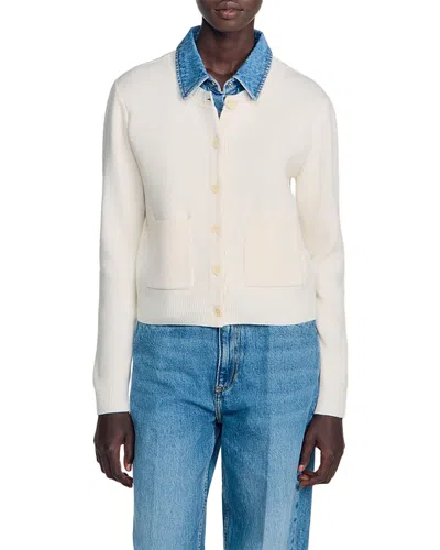 Sandro Miky Layered Look Denim Collar Cardigan In Neutral
