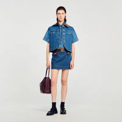 Sandro Mini Denim And Leather Skirt In Blue