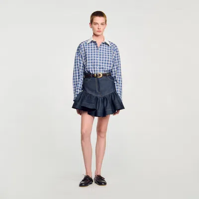 Sandro Mini Denim Ruffled Skirt In Blue