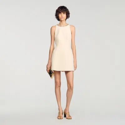 Sandro Mini Dress With Jewel Detail In Vanilla