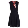 Sandro Mini Fidelia Knitted Stripe Detail With Ribbon Dress In Navy Blue Viscose In Blue