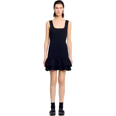 Sandro Mini Knit Dress With Ruffles In Black