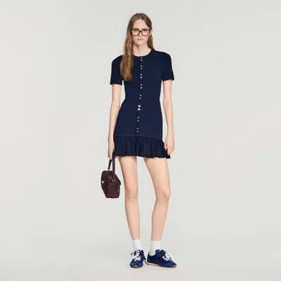 Sandro Mini Knit Dress With Ruffles In Blue