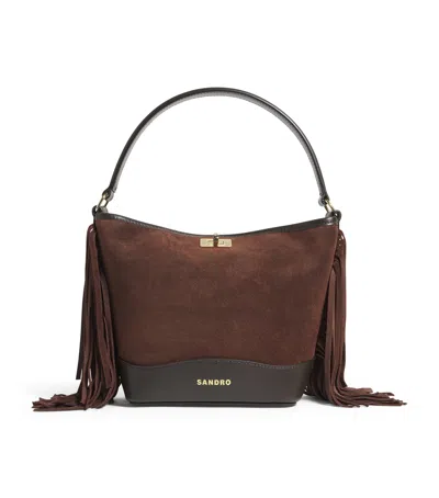 Sandro Mini Leather Fringe Tangoso Bucket Bag In Brown
