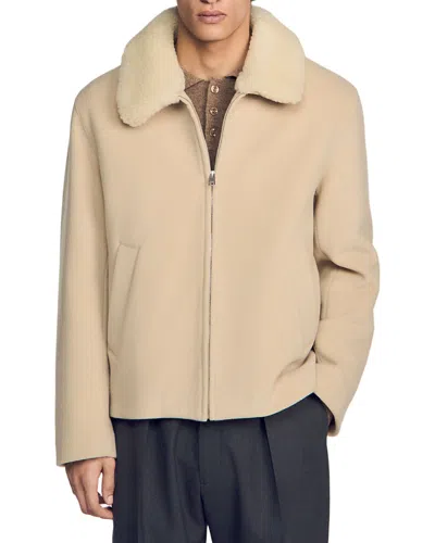 Sandro Minimal Aviator Wool Blend Jacket In Neutral