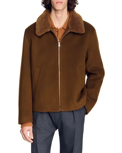 Sandro Minimal Aviator Wool Blend Jacket In Brown