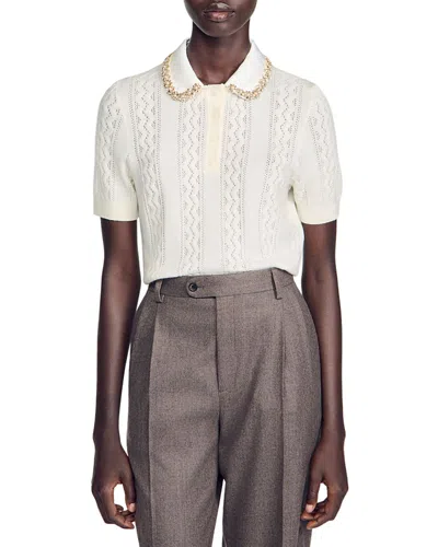 Sandro Mirabelle Wool Embellished Pointelle Sweater In White