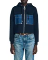 Sandro Mixed Media Hoodie Jacket In Blue