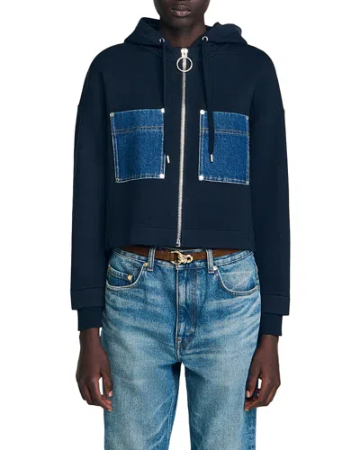 Sandro Mixed Media Hoodie Jacket In Blue