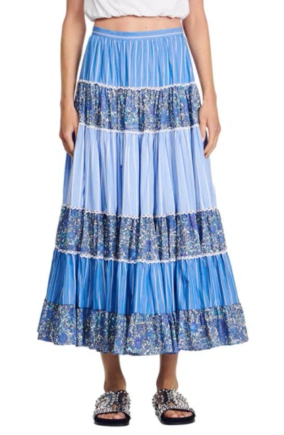 Sandro Mixed Print Tiered Cotton Skirt In Blue White