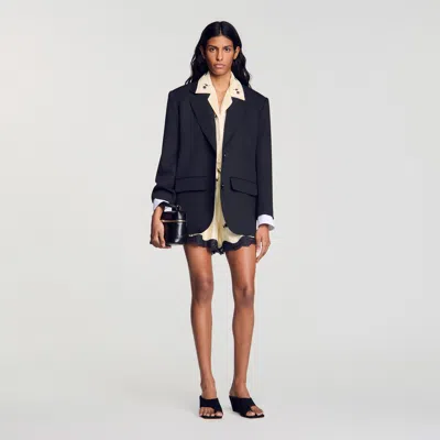 Sandro Mixed Material Satin Jacket In Black