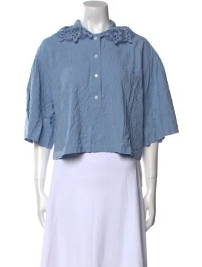 Pre-owned Sandro Mock Neck Short Sleeve Crop Top In Blue