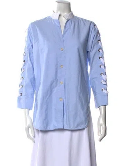 Pre-owned Sandro Mock Neck Three-quarter Sleeve Button-up Top In Blue