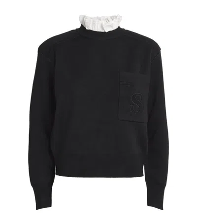 Sandro Ruffled-collar Long-sleeve Knitted Top In Black