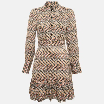 Pre-owned Sandro Multicolor Logo Print Satin Flounce Mini Dress Xs