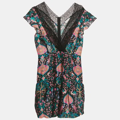 Pre-owned Sandro Multicolor Printed Ruffled Lace Trim Detail Mini Dress L
