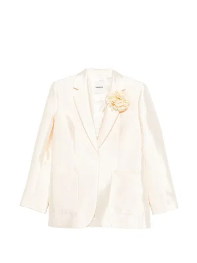 Sandro Myrella Floral-appliqué Front-pocket Blazer In Neutral