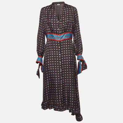 Pre-owned Sandro Navy Black/blue Printed Silk Twill Catlyn Pleated Midi Dress L