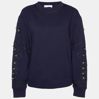 Pre-owned Sandro Navy Blue Cotton Blend Knit Embellished Sleeve Sweatshirt S