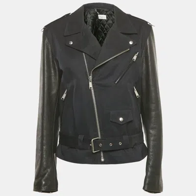 Pre-owned Sandro Navy Blue Cotton Leather Sleeved Biker Jacket L
