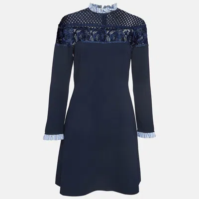 Pre-owned Sandro Navy Blue Crepe & Lace Mini Dress L