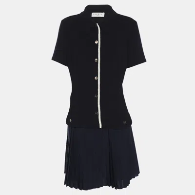 Pre-owned Sandro Navy Blue Crepe Pleated Polo Dress M