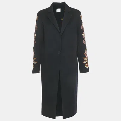 Pre-owned Sandro Navy Blue Floral Embroidery Wool Long Coat S