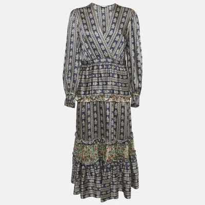Pre-owned Sandro Navy Blue Floral Print Satin Valentina Ruffled Midi Dress L
