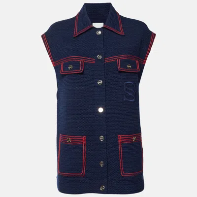 Pre-owned Sandro Navy Blue Knit Clovis Sleeveless Coatigan L