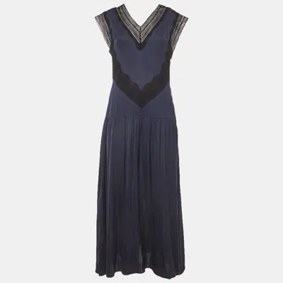 Sandro Navy Blue Satin Eloy Lace-inset Maxi Dress