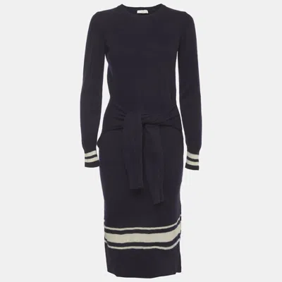 Pre-owned Sandro Navy Blue Striped Wool Blend Knit Tie Midi Dress M