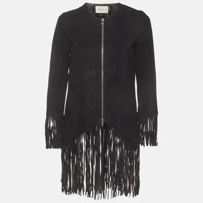 Pre-owned Sandro Navy Blue Suede Zip-up Fringed Jacket S