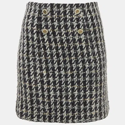 Sandro Navy Blue Tweed Buttoned Mini Skirt In Black