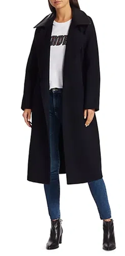 Pre-owned Sandro Navy Blue Women's Linna Leather-accent Belted Wrap Coat, Us 38